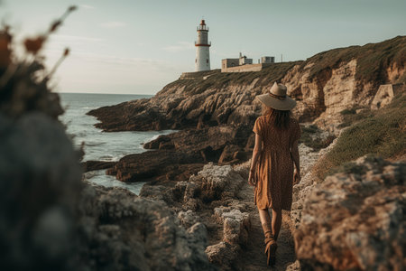 Boho girl exploring seaside cliff with ocean views and tomb entrance, lighthouse surrounded by birds. Generative AI.の素材