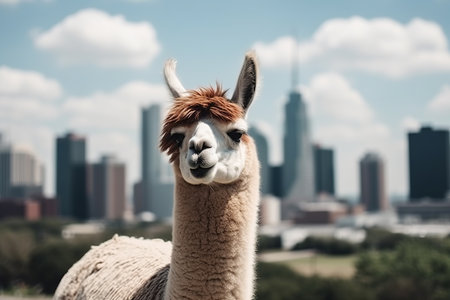 Adorable llama posing with a stunning city skyline in the background. Generative AI.の素材
