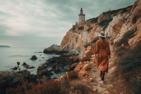 Boho girl exploring seaside cliff with ocean views and tomb entrance, lighthouse surrounded by birds. Generative AI.の素材
