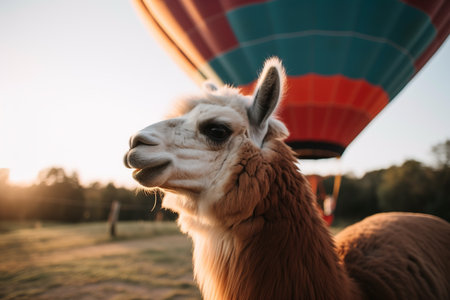 Cute llama at hot air balloon festival. Adorable animal enjoying a colorful and vibrant event. Generative AIの素材