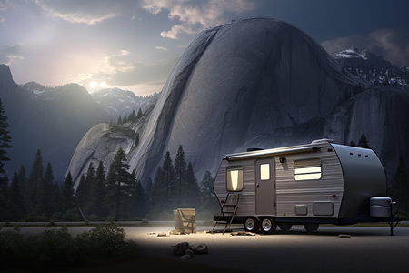 Trailer parked at National Park. Forest and mountains background. Generative AI.の素材