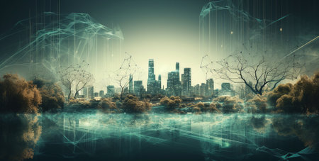 Modern city with diffused wireless network connection and cityscape concept. Wireless network and Connection technology concept with city background at night. Generative AIの素材