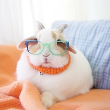Beautiful rabbit with glasses on white background. Generative AI.の素材