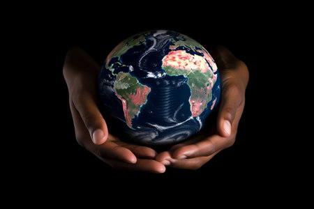 Human hands holding a green Earth with a plant, symbolizing saving the planet. Generative AI.の素材