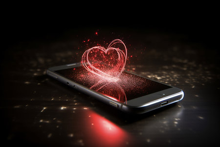 Smartphone with red heart shape. Generative AI.の素材