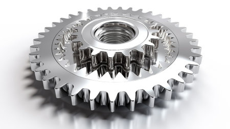 Silver gear pattern in interactive style with negative space. Industrial machinery aesthetics on white background. Generative AI.の素材