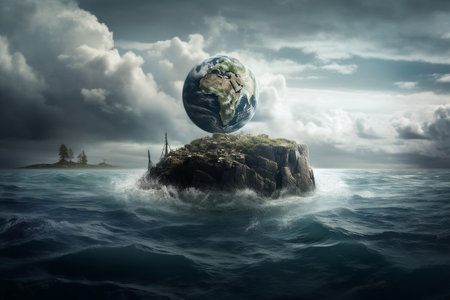 Earth Globe on the ground with ocean, symbolizing Earth Day and ecology protection. Generative AI.の素材