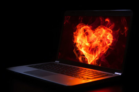 Laptop computer in form of the fire heart. Generative AI.の素材