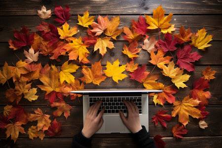 Autumn workspace with laptop and colorful maple leaves on a wooden background. Flat lay view with woman's hands typing. Generative AIの素材
