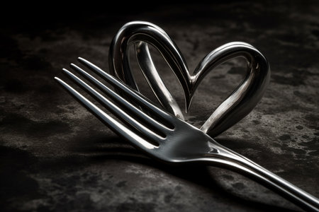 Heart shaped shadow of a fork on a table. Romantic medieval concept. Generative AI.の素材