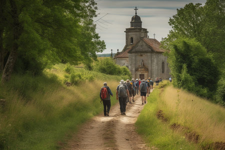 Pilgrims on the Camino de Santiago trail admiring the views. Generative AI.の素材