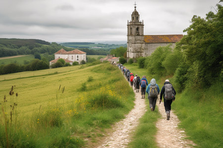 Pilgrims on the Camino de Santiago trail admiring the views. Generative AI.の素材