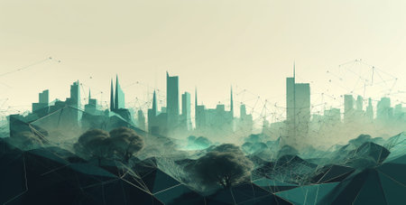 Modern city with diffused wireless network connection and cityscape concept. Wireless network and Connection technology concept with city background at night. Generative AIの素材