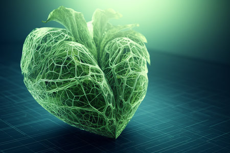 A surreal cabbage shaped like a heart on futuristic background symbolizes love for a healthy lifestyle. Generative AIの素材