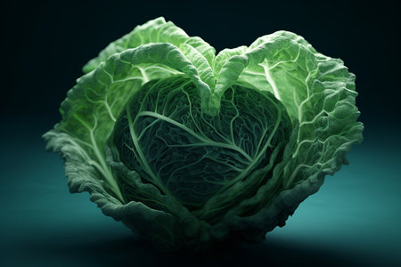 A surreal cabbage shaped like a heart on futuristic background symbolizes love for a healthy lifestyle. Generative AIの素材