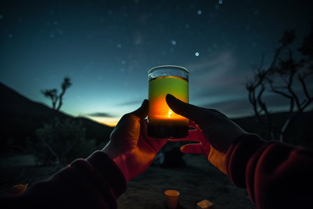 Enjoying a glass of fresh orange juice at a campsite with a cozy campfire and starry night sky. Atmospheric healthy vegan lifestyle concept. Generative AI.の素材