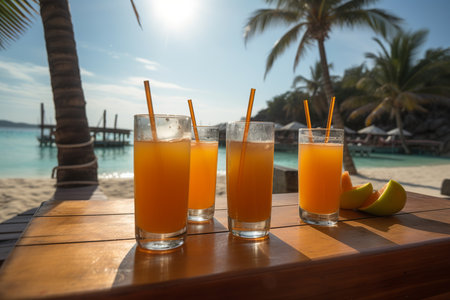 Refreshing beach juice with crystal clear waters and palm trees in the background. Generative AI.の素材