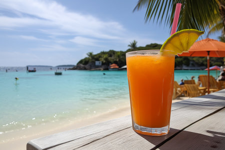Refreshing beach juice with crystal clear waters and palm trees in the background. Generative AI.の素材