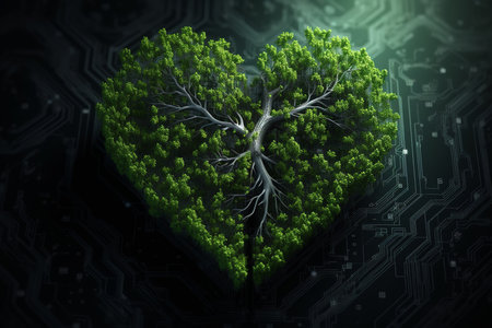 heart made of trees on latest technology background. Love for healthy lifestyle. Generative AI.の素材