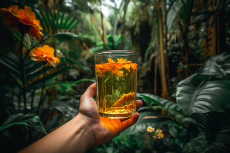 Glass of orange juice in a tropical rainforest with exotic wildlife and flora. Healthy travel lifestyle concept. Generative AI.の素材