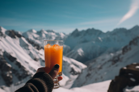 Glass of orange juice in hand at a ski resort with snow capped mountains. Generative AIの素材
