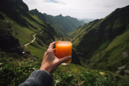 Glass of orange juice at mountain top with scenic view. Healthy travel lifestyle. Generative AI.の素材