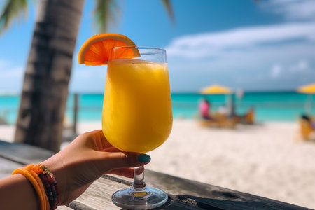 Refreshing beach juice with crystal clear waters and palm trees in the background. Generative AI.の素材