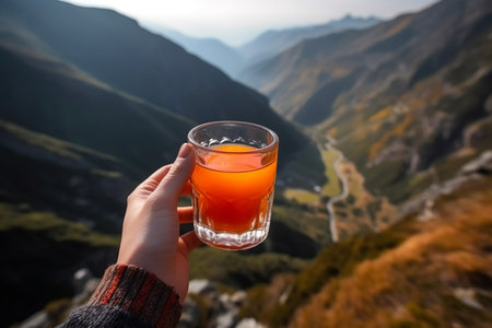 Glass of orange juice at mountain top with scenic view. Healthy travel lifestyle. Generative AI.の素材
