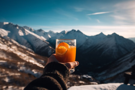 Glass of orange juice in hand at a ski resort with snow capped mountains. Generative AIの素材
