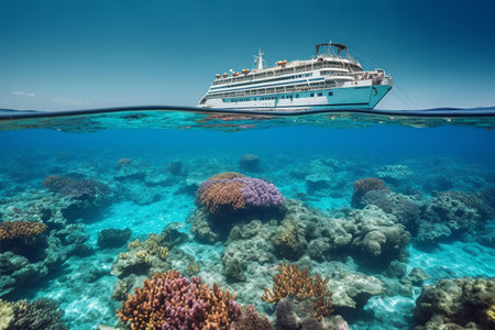 Vibrant coral reefs from a South Pacific cruise ship. Generative AI.の素材