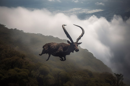 Majestic and rare, witness the Saola taking flight, by jumping through the clouds. Generative AI.の素材