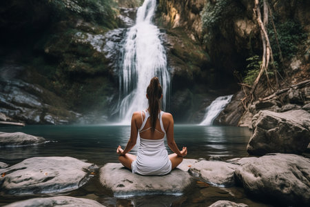 Yoga in rear view with serene waterfall. Generative AI.の素材