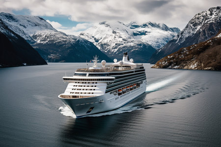 Cruise ship sailing in misty fjord among rising mountains. Generative AI.の素材
