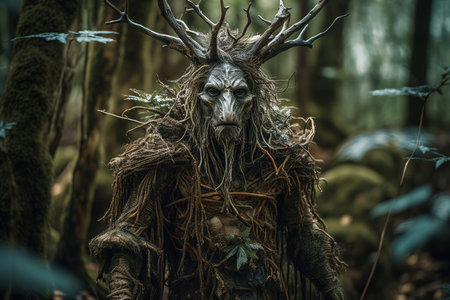 Mythical Leshiy spirit creature taking care of forest and animals. Generative AI.の素材