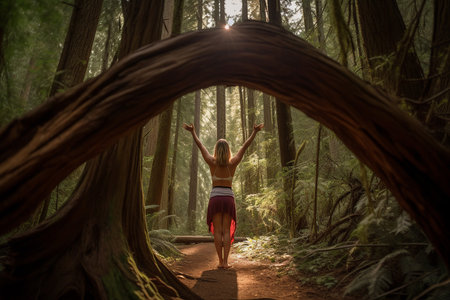 Yoga amid forest trail with natural archway of trees overhead. Connection with nature. Generative AI.の素材