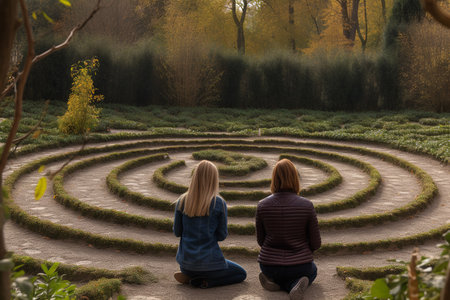 Yoga in a peaceful labyrinth or maze. Generative AI.の素材