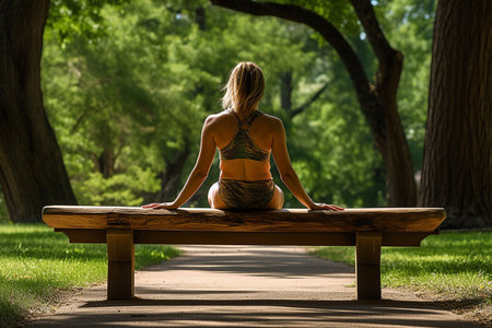 Rear view yoga at a peaceful park bench. Generative AI.の素材
