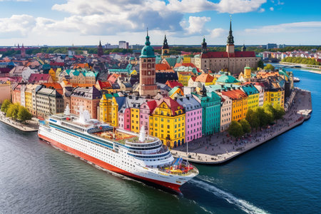 Cruise ship in Baltic sea with colorful buildings in view. Generative AI.の素材