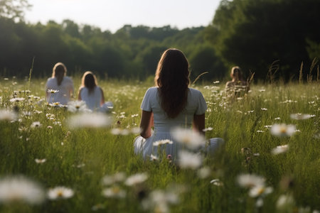 Yoga in a serene meadow surrounded by wildflowers. Generative AI.の素材