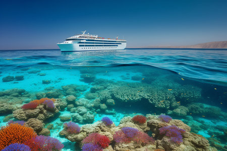 Vibrant coral reefs from a South Pacific cruise ship. Generative AI.の素材