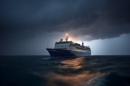 Dramatic seascape with a cruise ship during thunderstorm. Generative AI.の素材