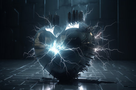 A surreal heart made of thunder on a dark background, symbolizing a connection of love. Generative AI.の素材