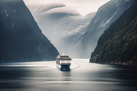 Cruise ship sailing in misty fjord among rising mountains. Generative AI.の素材