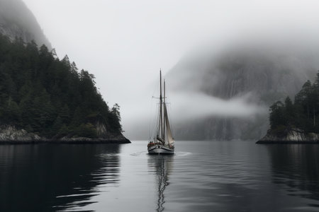 Cruise ship sailing in misty fjord among rising mountains. Generative AI.の素材
