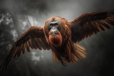 A majestic orangutan with wings soars through the clouds, wisdom and power. Generative AI.の素材