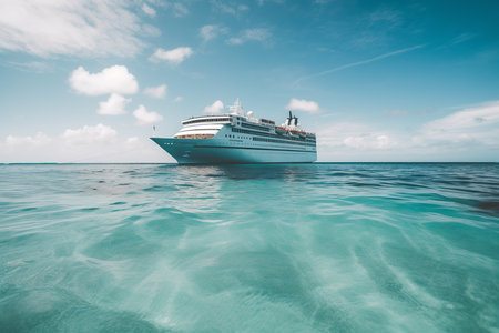 A stunning view of a cruise ship sailing in crystal clear blue waters of the Caribbean. Generative AIの素材