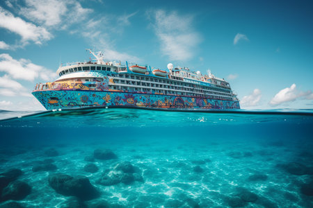 A psychedelic Cruise Ship in the Caribbean with crystal clear blue water. Generative AI.の素材