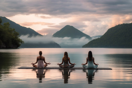 Yoga practitioner in rear view on a peaceful island in the middle of a lake, experiencing synchronicity. Generative AIの素材