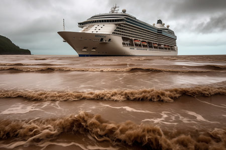 Cruise ship in the Bay of Fundy amid dramatic high dirty tides. Generative AI.の素材