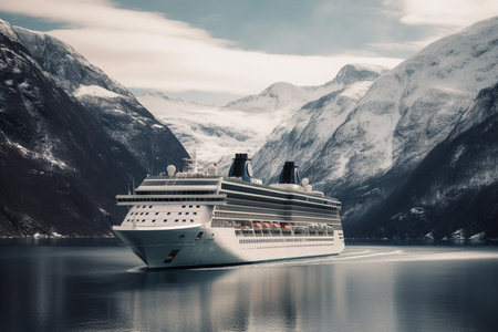 Cruise ship sailing in misty fjord among rising mountains. Generative AI.の素材